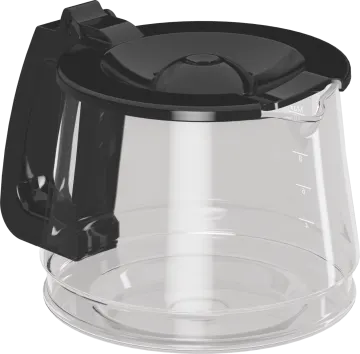 a glass coffee pot with a black lid