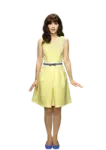 a girl in a yellow dress and blue shoes