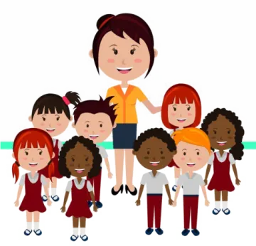 an illustration of a teacher with her students