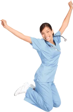 a female nurse jumping in the air