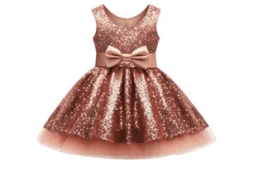 a little girl wearing a brown and gold dress