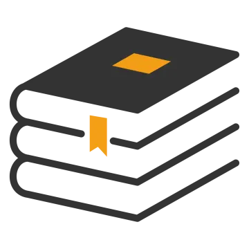a stack of books with an orange arrow