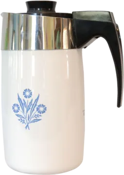 a white coffee pot with blue flowers on it