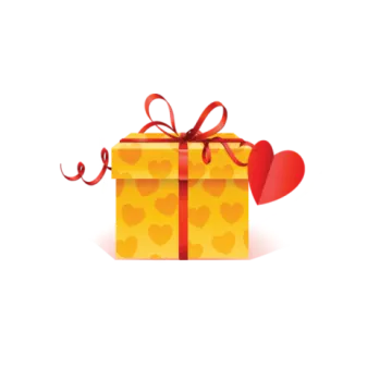 a yellow gift box with a red heart