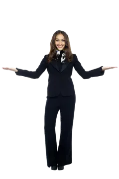 a woman in a suit with her arms spread out