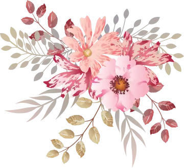 a bouquet with pink flowers and green leaves