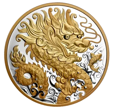 a gold and silver coin with a dragon on it