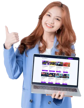 a woman in a blue jacket holding a laptop