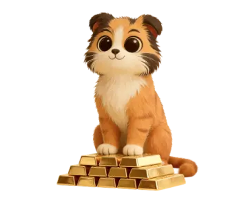 a cat sitting on top of a pile of gold bars