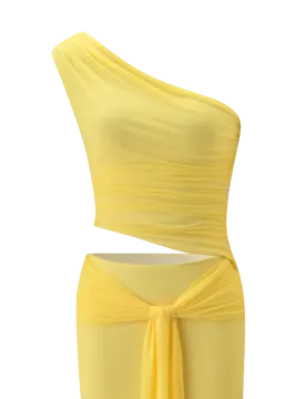 a woman wearing a yellow one shoulder dress