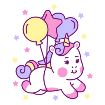 a cartoon unicorn with balloons and stars