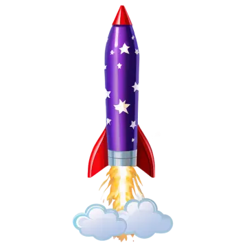 a rocket with stars and clouds in the background