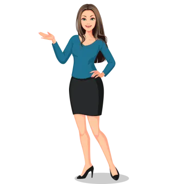 a woman in a blue shirt and black skirt