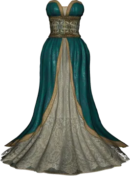 a woman in a green and gold gown