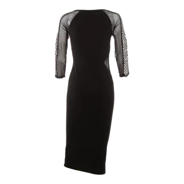 a black and white dress with mesh sleeves