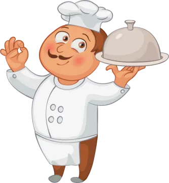a cartoon chef holding a tray of food