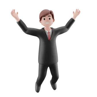 a man in a suit and tie with his hands up