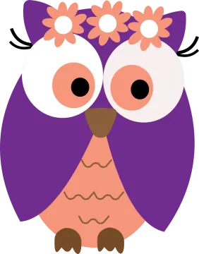 a purple owl with flowers on its head