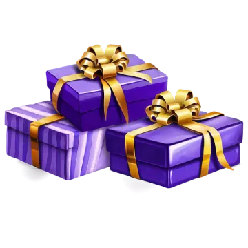 three purple gift boxes with gold ribbons and bows