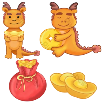 a set of three cartoon animals with gold coins