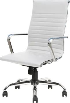 a white office chair with chrome legs