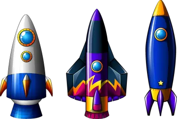 three rockets with different colors and shapes