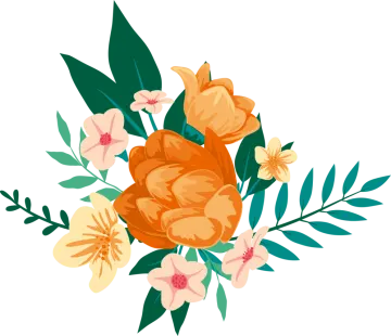 a bouquet with orange flowers and green leaves