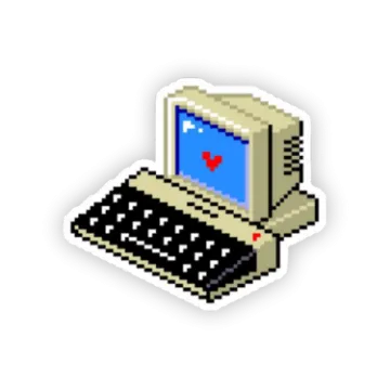 an old computer sticker with a heart on it