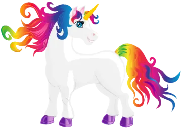 a rainbow colored unicorn with long manes