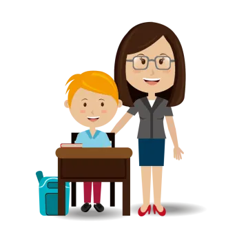 a woman standing next to a child at a desk
