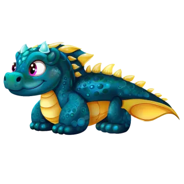 a blue and yellow dragon sitting on the ground