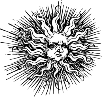 a black and white drawing of a sun with rays