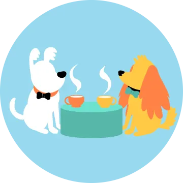 two dogs sitting at a table drinking tea