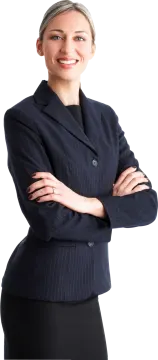 a woman in a suit with her arms crossed