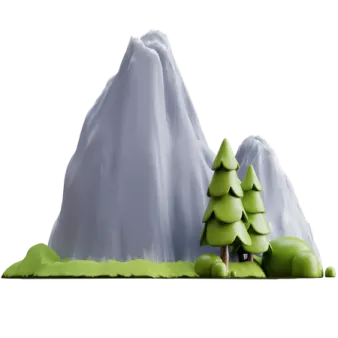 a small green tree sitting in front of a mountain