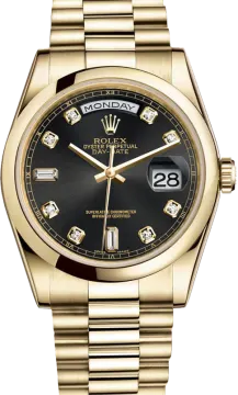 a gold role watch with black dial