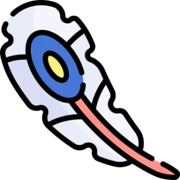a blue and white feather with a yellow eye