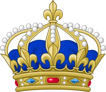 a gold crown with blue and red accents
