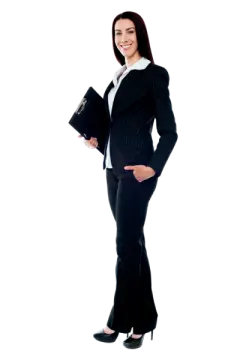 a woman wearing a suit and holding a folder