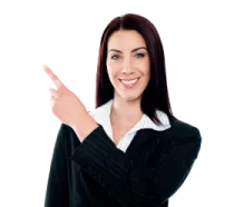 a woman in a business suit pointing at the camera