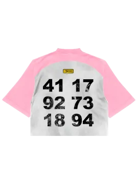 a white and pink t - shirt with numbers printed on it