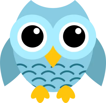 a blue and yellow owl with big eyes