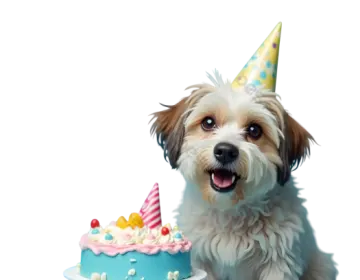 a small dog sitting next to a birthday cake