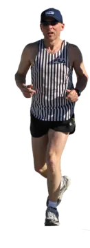 a man running in a black and white striped shirt