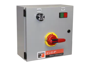 an electrical switch box with a red and yellow button