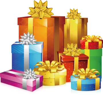 a pile of colorful gift boxes with gold stars