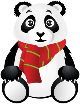a panda bear wearing a red scarf