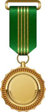 a gold medal with a green ribbon