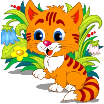 a cartoon cat sitting in the grass with flowers