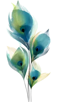 three blue and green feathers on a white background